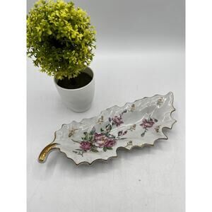 Vintage Porcelain Leaf Dish Arnart Crossed Arrows 1027 Pink Roses Gold Trim